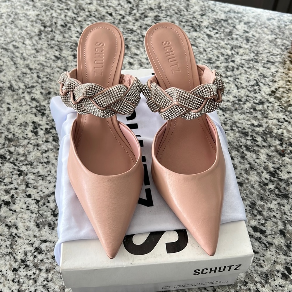 SCHUTZ rose/crystal pointed toe mule stiletto
